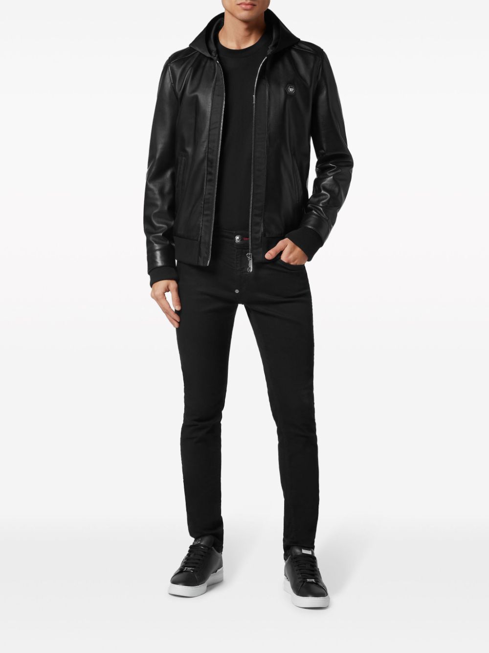 Philipp Plein leather and satin hooded bomber jacket - Zwart