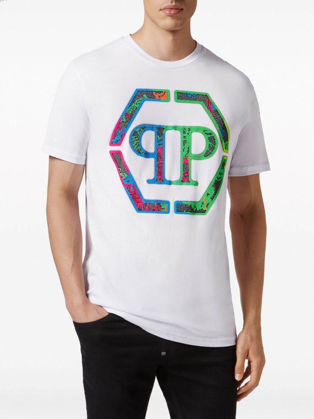 Shop Philipp Plein Logo Crystal-embellished Cotton T-shirt In White