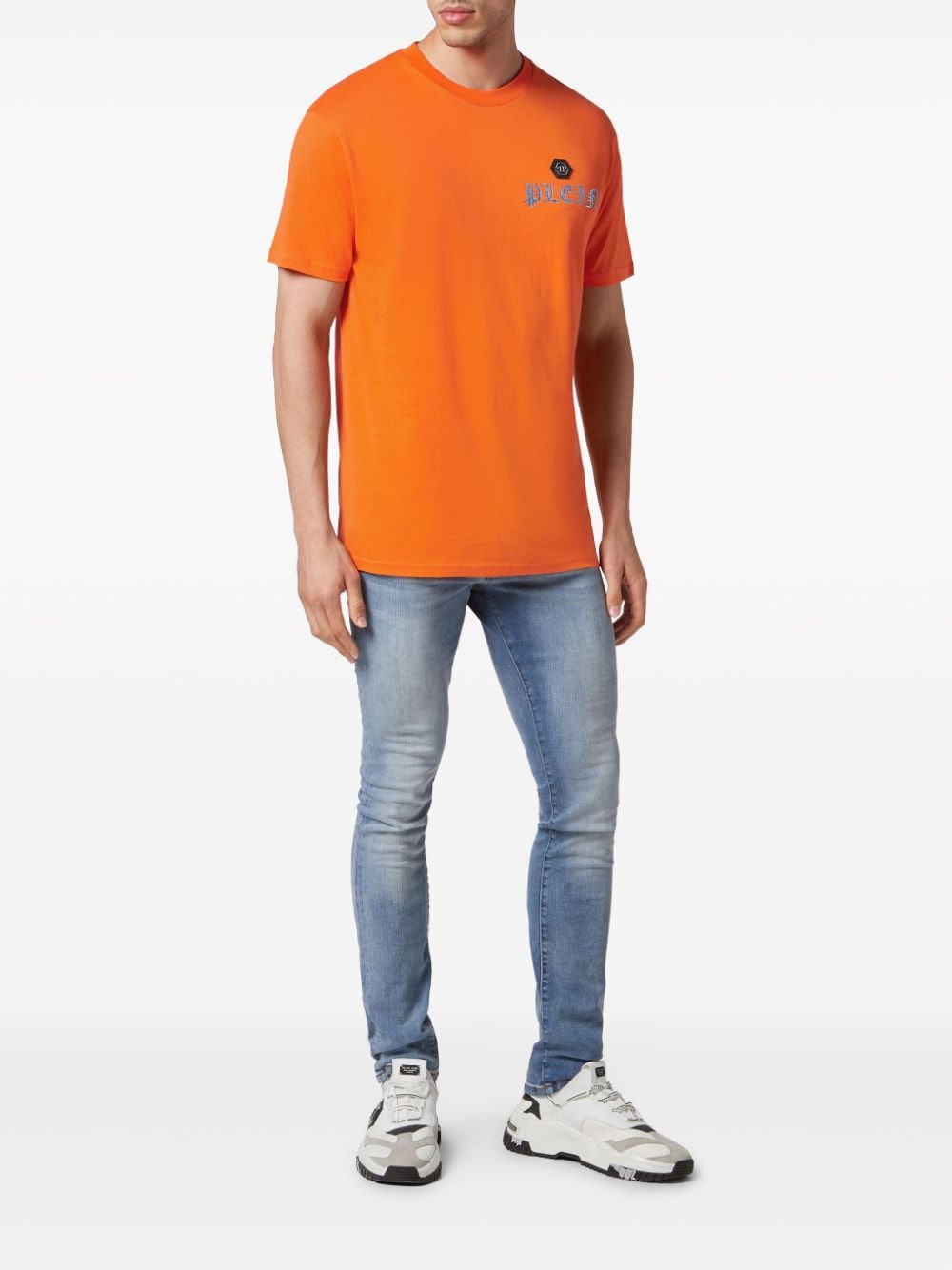 Shop Philipp Plein Crystal-embellished Skull-print Cotton T-shirt In Orange