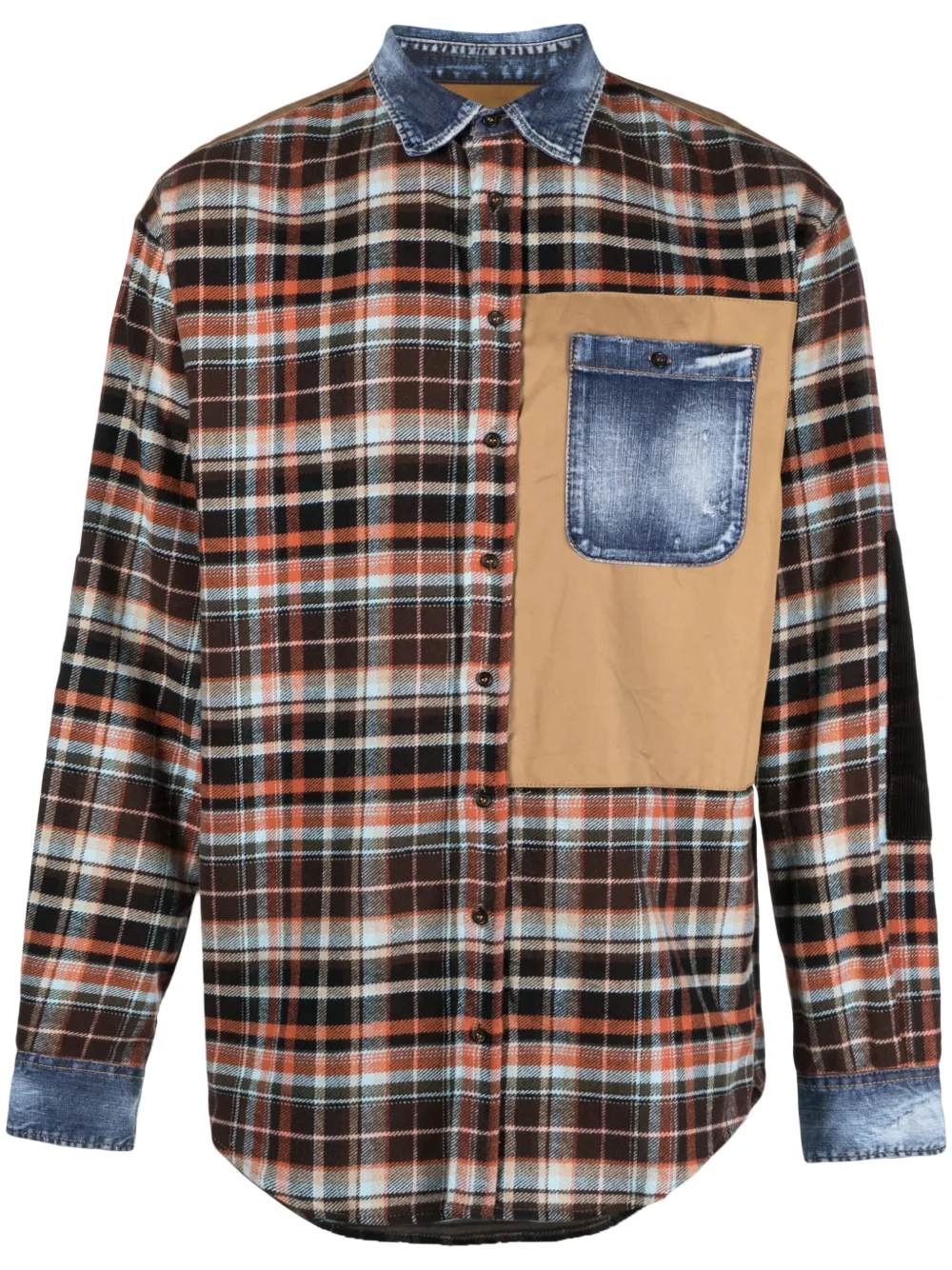 Shop Dsquared2 Denim-details Check-pattern Shirt In Brown