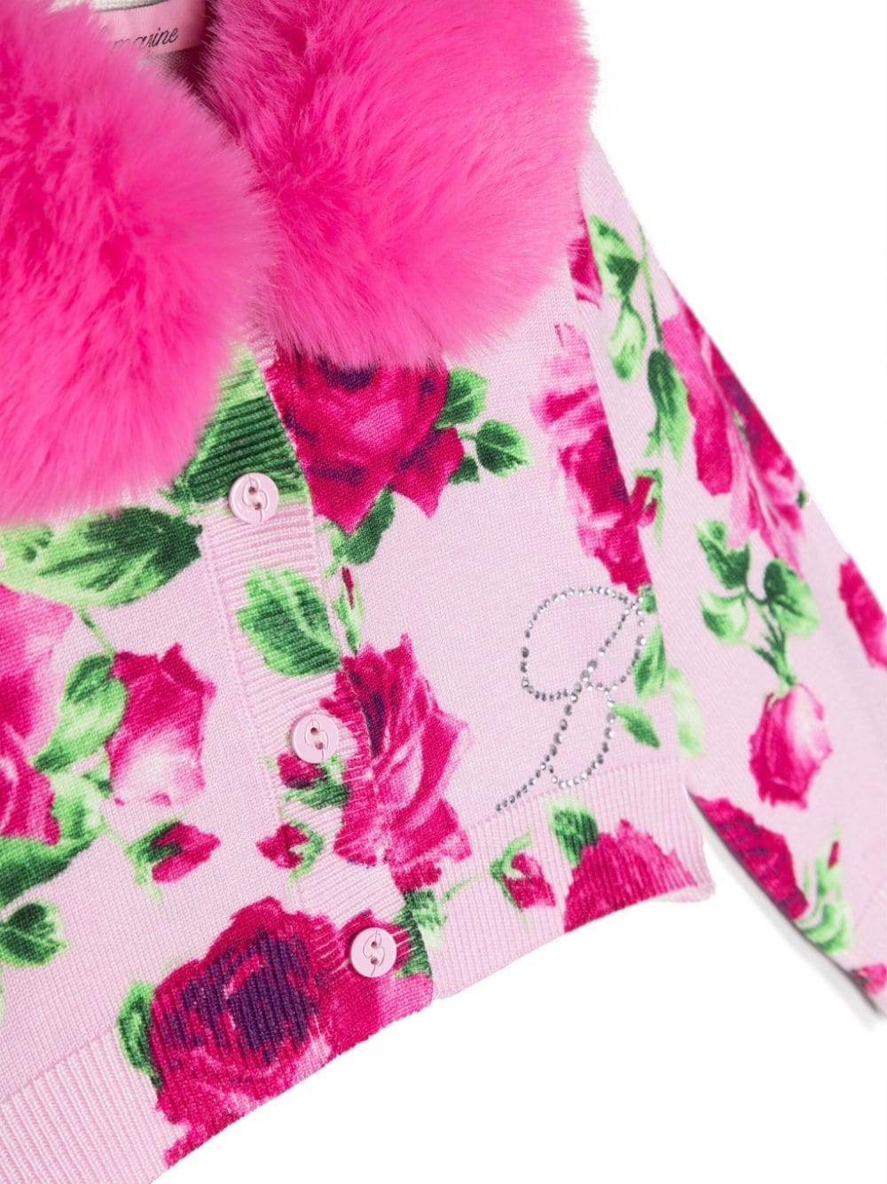 Shop Miss Blumarine Faux-fur Collar Floral-print Cardigan In Pink