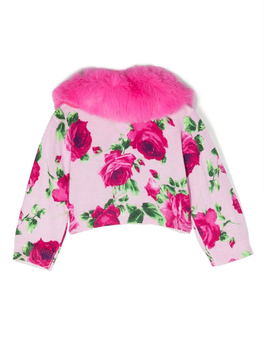 Miss Blumarine faux-fur collar floral-print cardigan - Roze