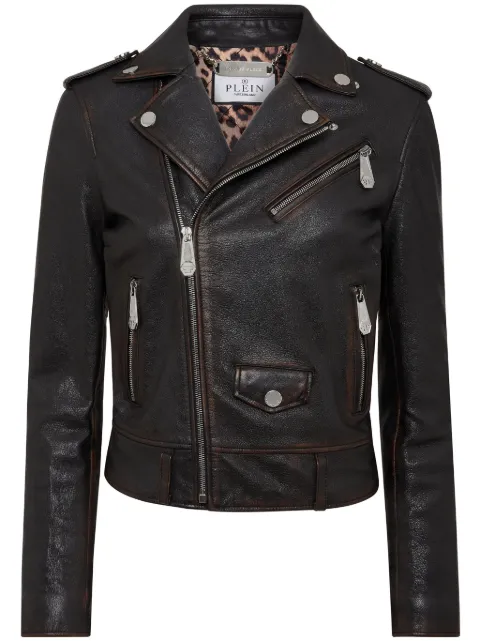 Philipp Plein logo-patch leather biker jacket