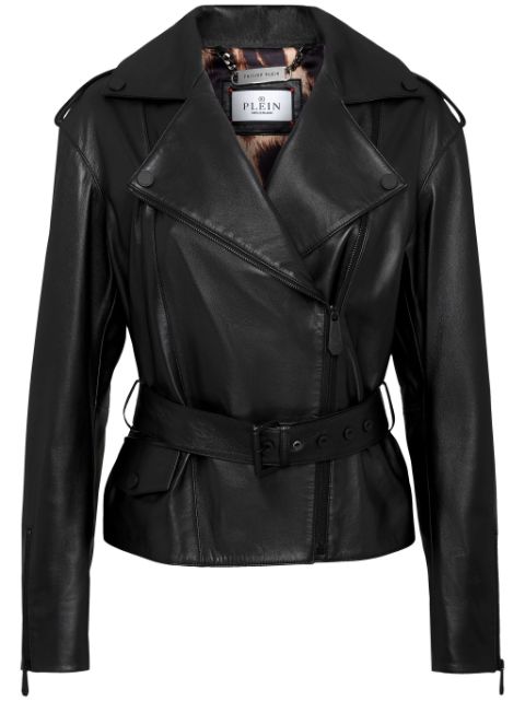 Philipp Plein oversize-logo belted leather-jacket Women