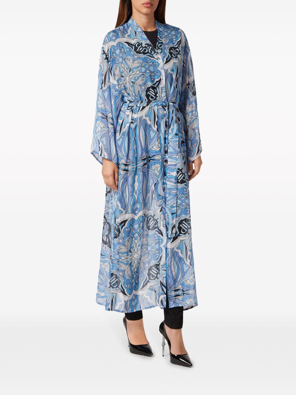 Shop Philipp Plein Graphic-print Silk Kaftan Dress In Blue