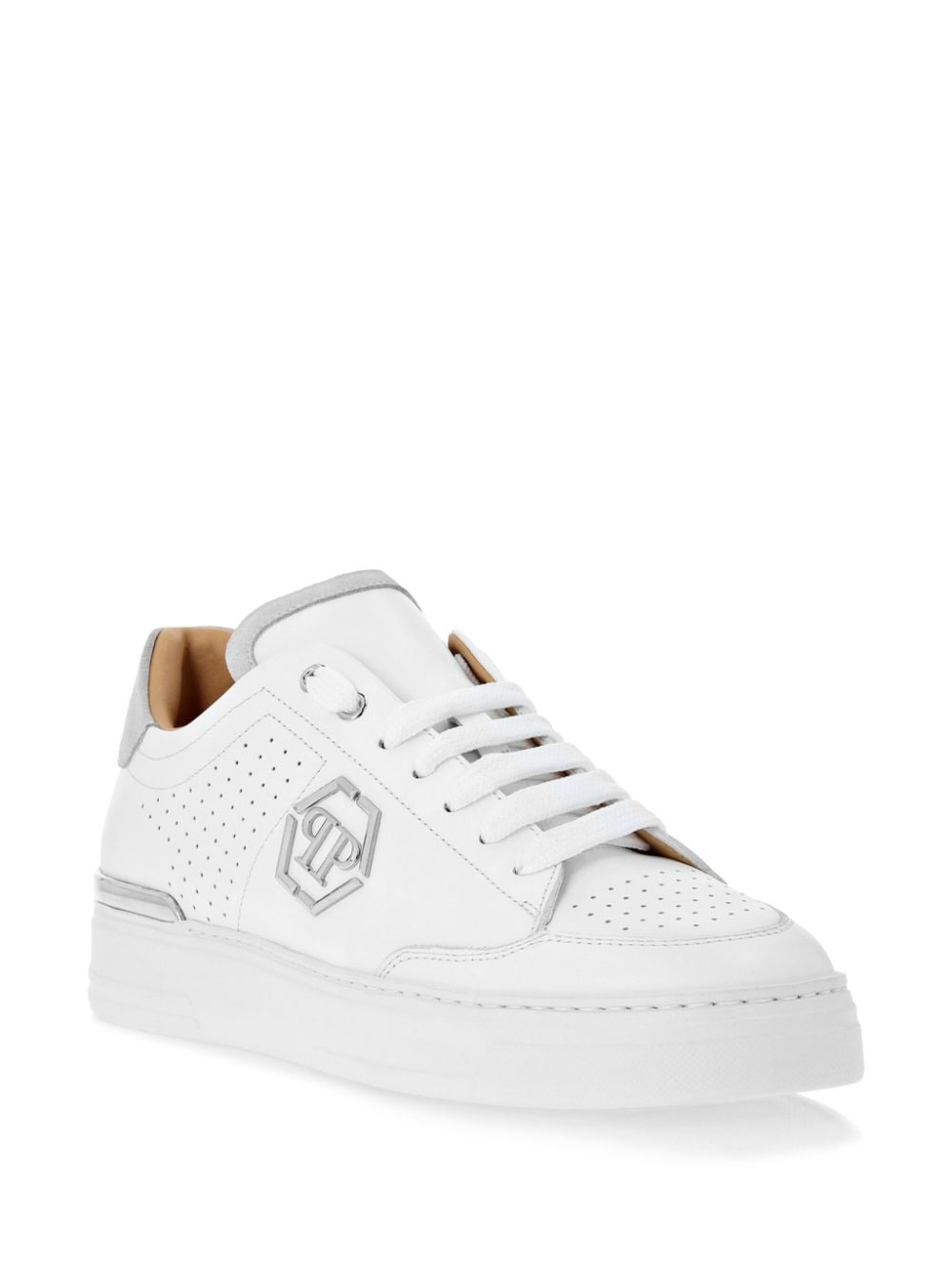 Shop Philipp Plein Logo-plaque Leather Sneakers In 白色