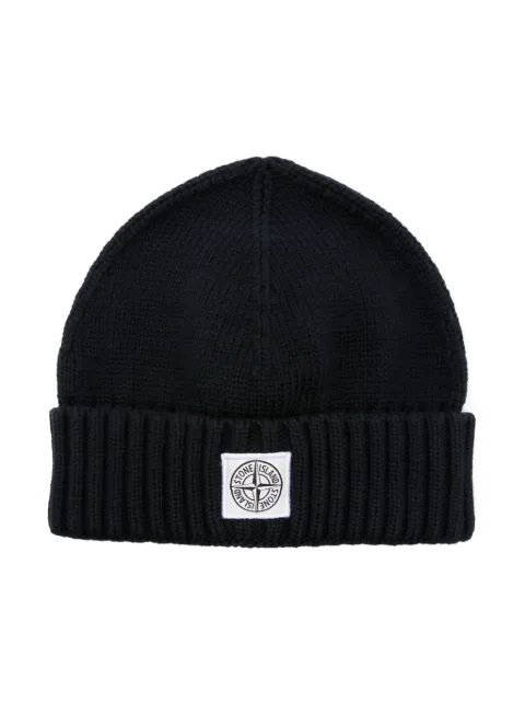 Stone Island Junior logo-patch ribbed-knit beanie