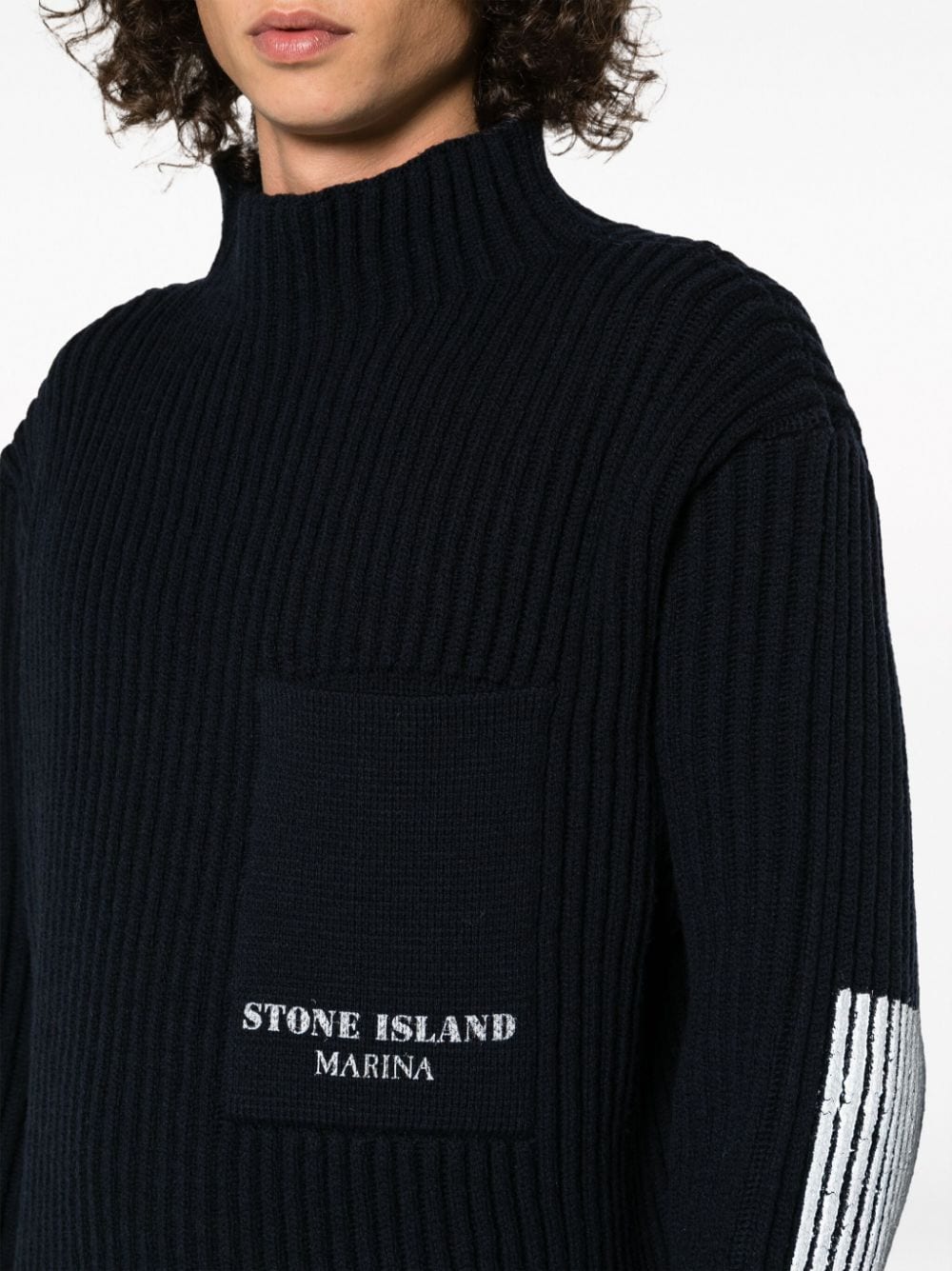 Shop Stone Island Virgin Wool Ribbed-knit Jumper In Blue