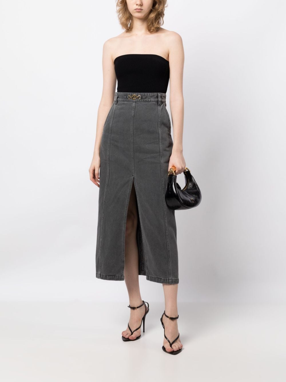 Shop Patou Slit-detail Organic-denim Midi Skirt In Grey