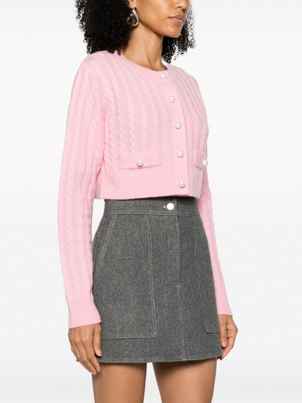 Shop Sandro Cable-knit Faux-pearl Cardigan In Pink