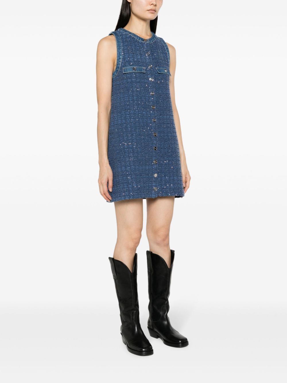 Shop Sandro Sleeveless Tweed Short Dress In Blue