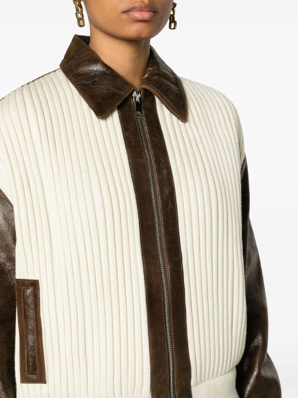 Shop Claudie Pierlot Chunky-ribbed Bomber Jacket In Neutrals