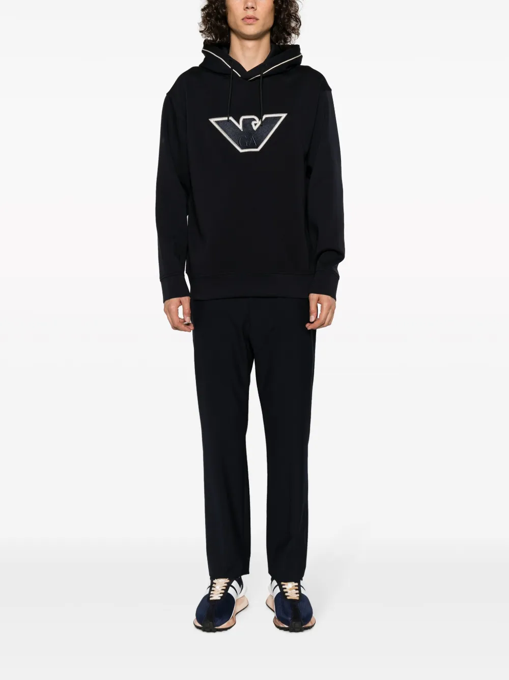 Emporio Armani logo-embroidered stretch-cotton hoodie - Blauw