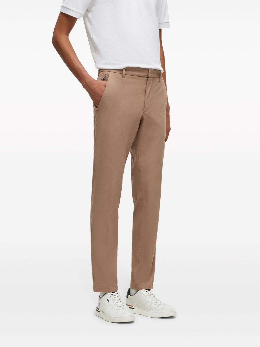 HUGO BOSS LOGO-EMBROIDERED COTTON-BLEND TAPERED TROUSERS