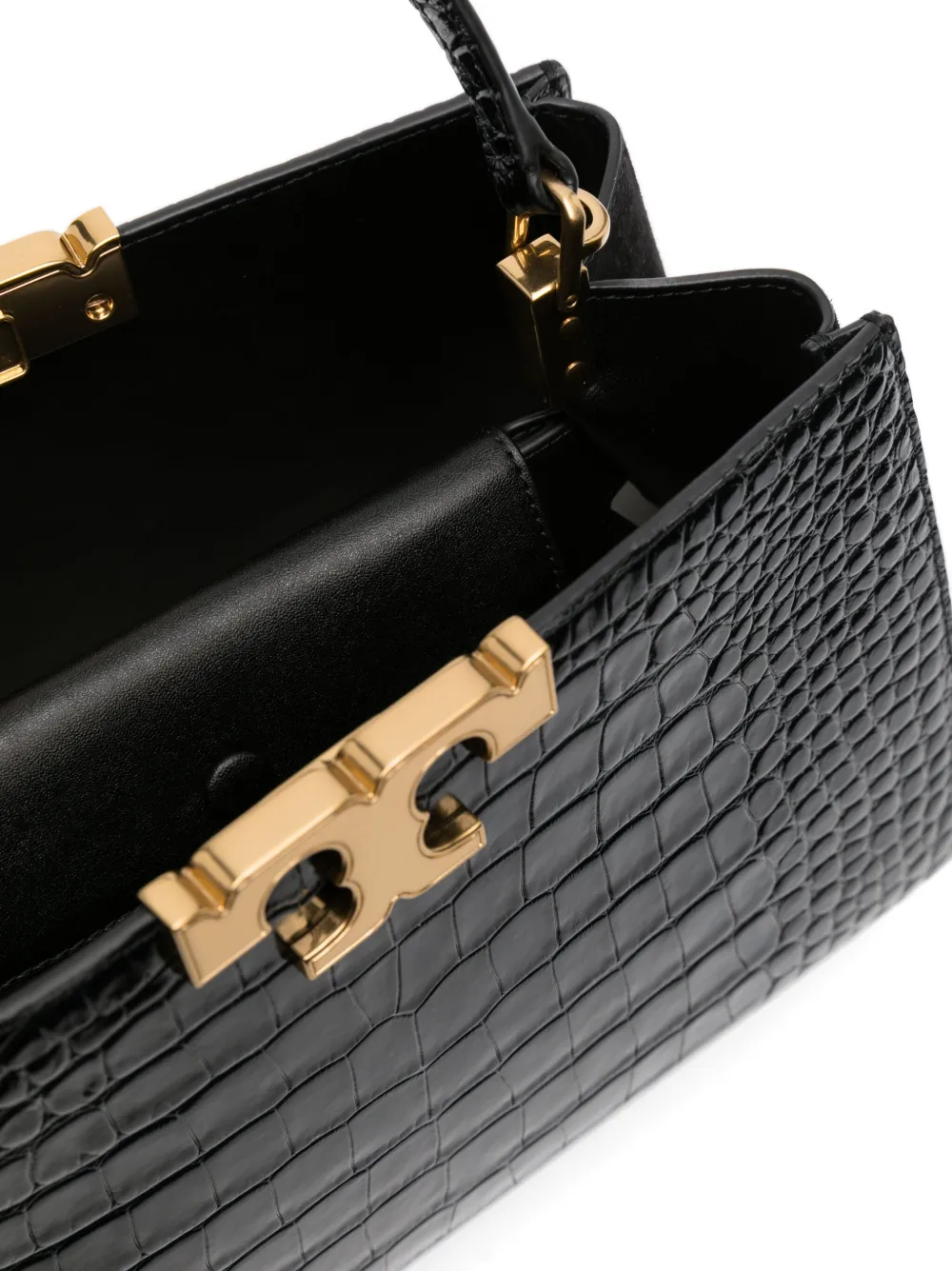 Shop Tory Burch Eleanor Crocodile-embossed Leather Bag In Black