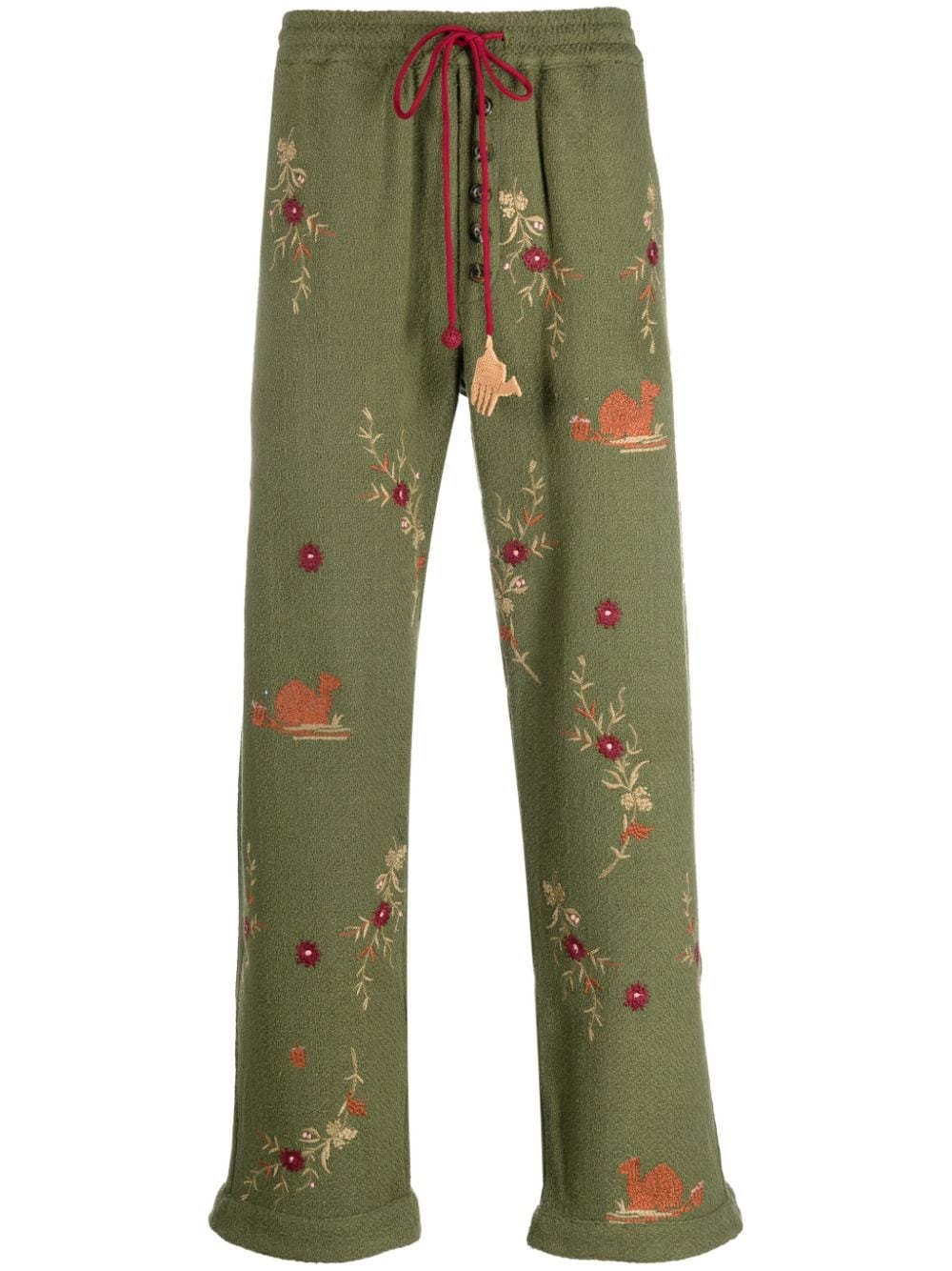 Baziszt Floral-print Cotton Loose-fit Trousers In Green
