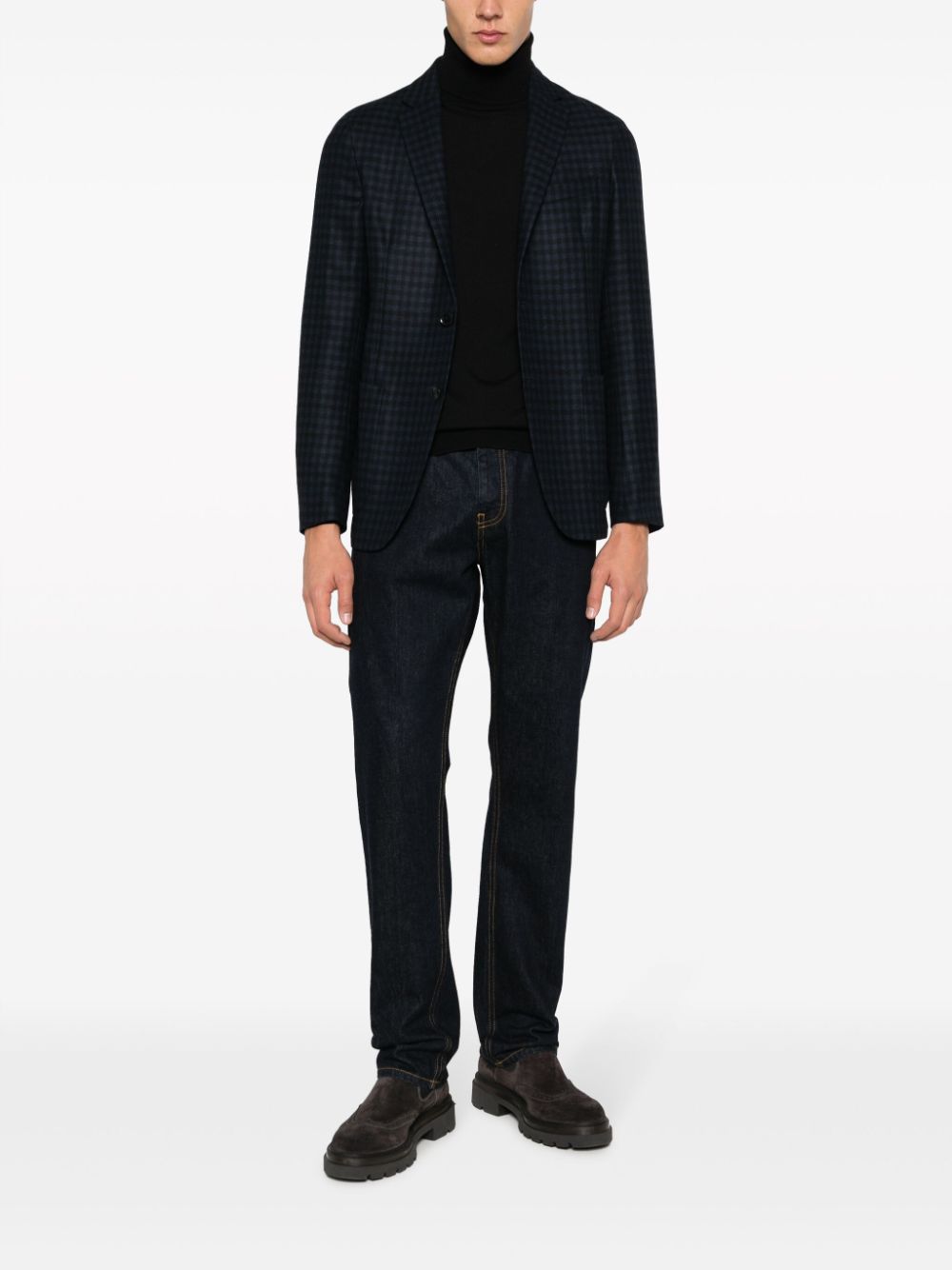 Shop Zegna Gingham-check Single-breasted Wool-blend Blazer In Blue