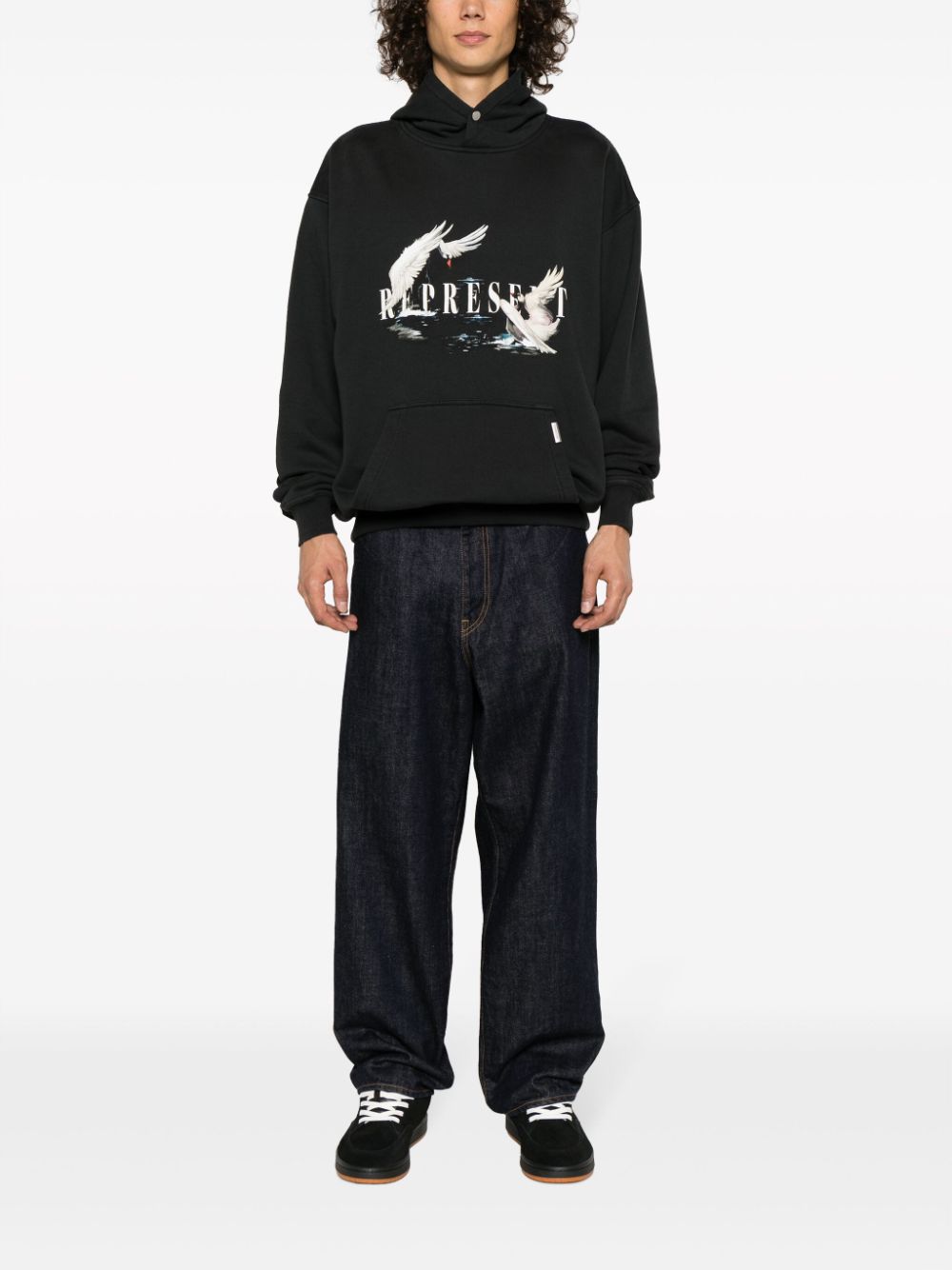Represent Swan-print cotton hoodie - Zwart