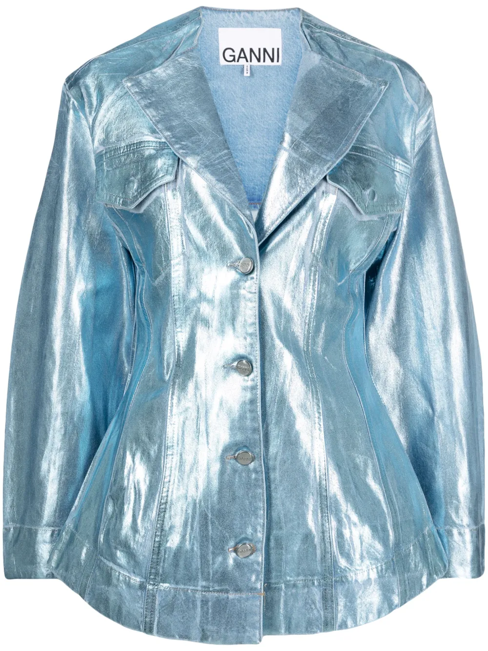 Ganni Long Sleeve Blue Foil Denim Fitted Blazer