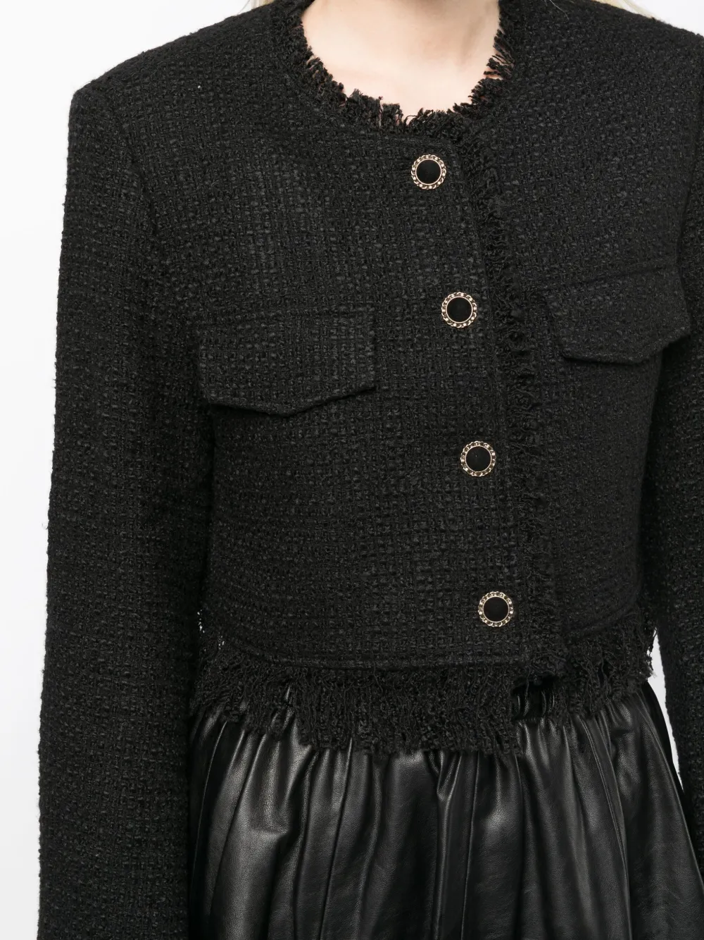 Shop B+ab Cropped Frayed Tweed Jacket In Black