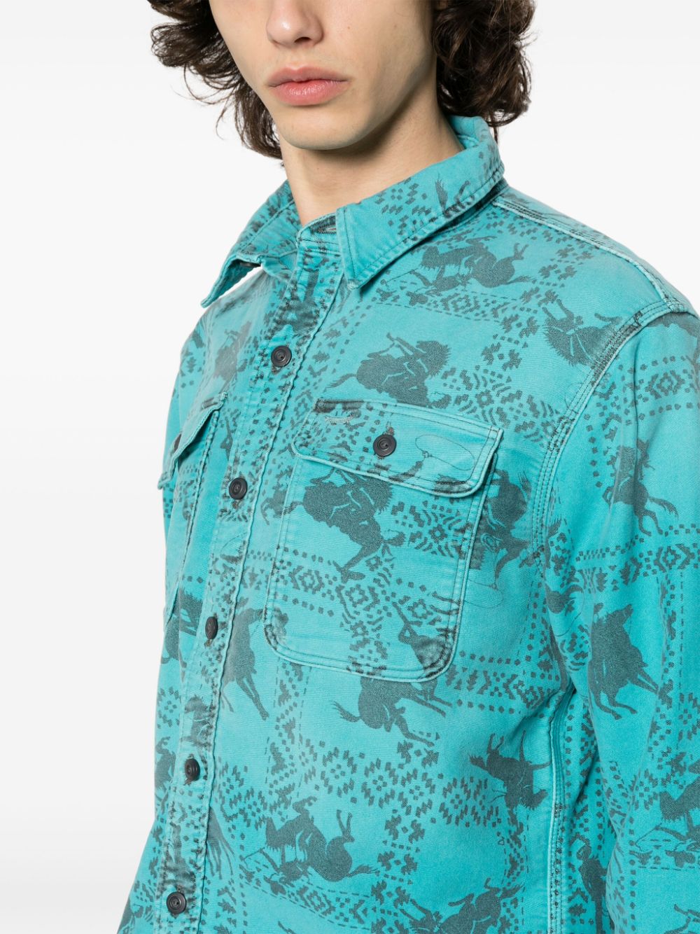 Shop Ralph Lauren Rrl Western-print Cotton Shirt In Blue