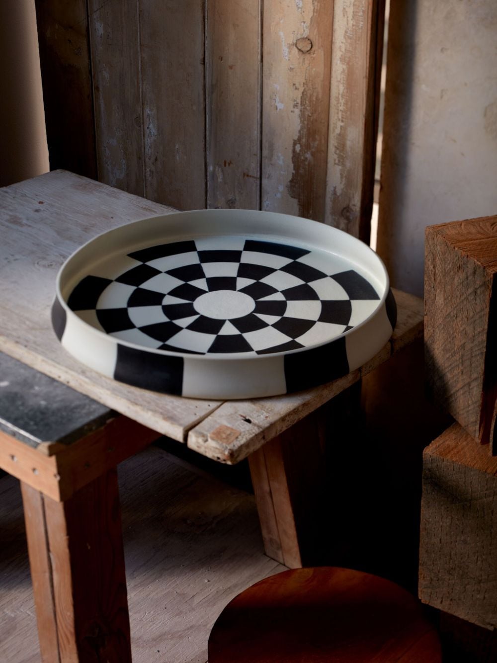 Shop L'objet Damier Porcelain Round Platter (42cm) In Black