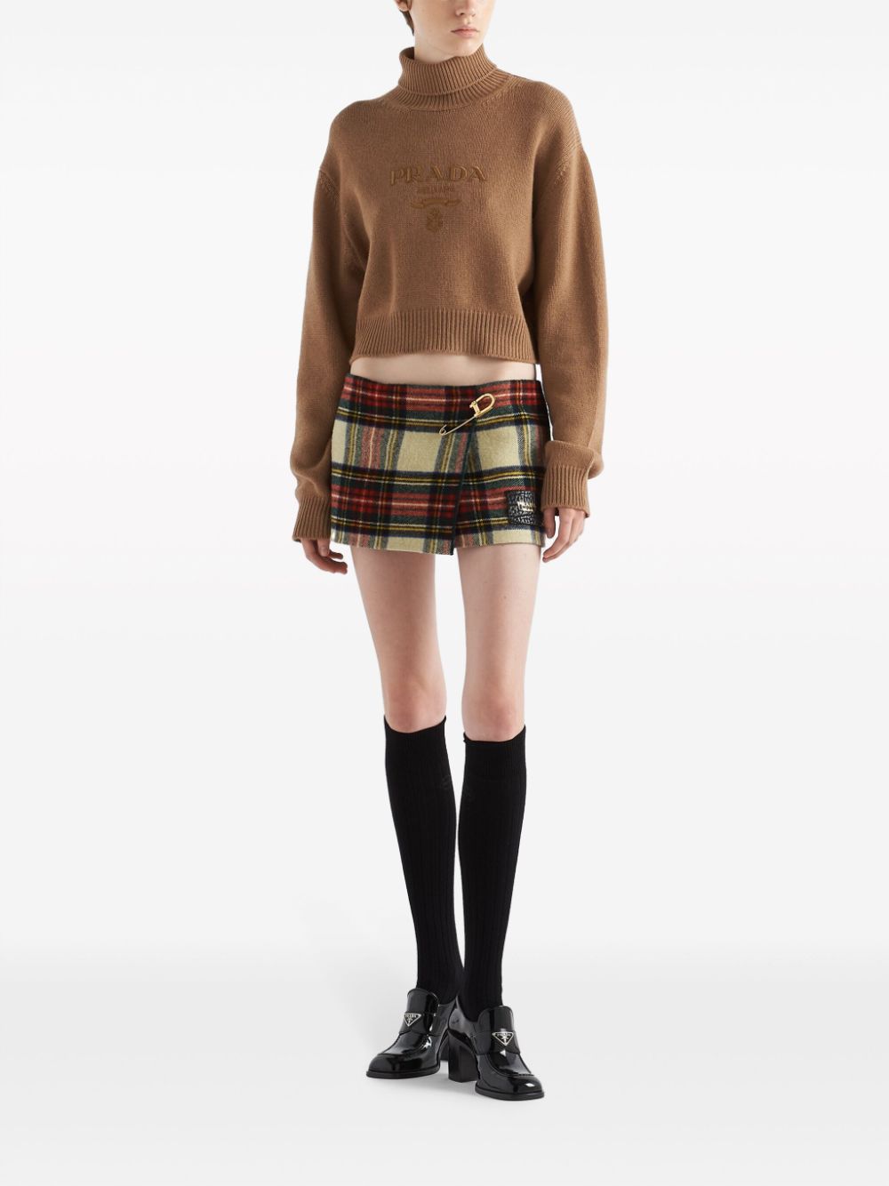Shop Prada Wool Plaid Miniskirt In Neutrals