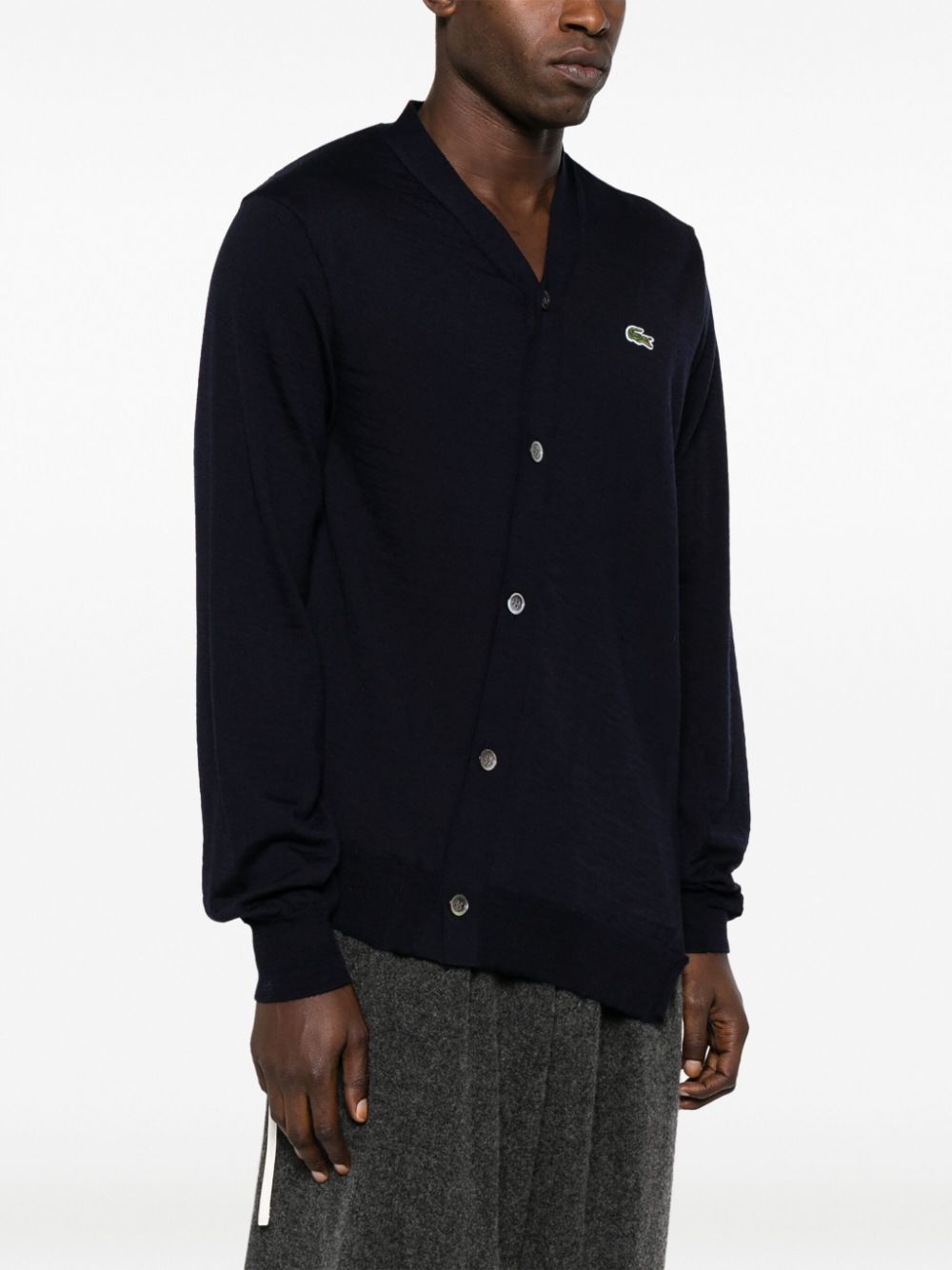 Shop Comme Des Garçons X Lacoste Asymmetric Wool Cardigan In Blue