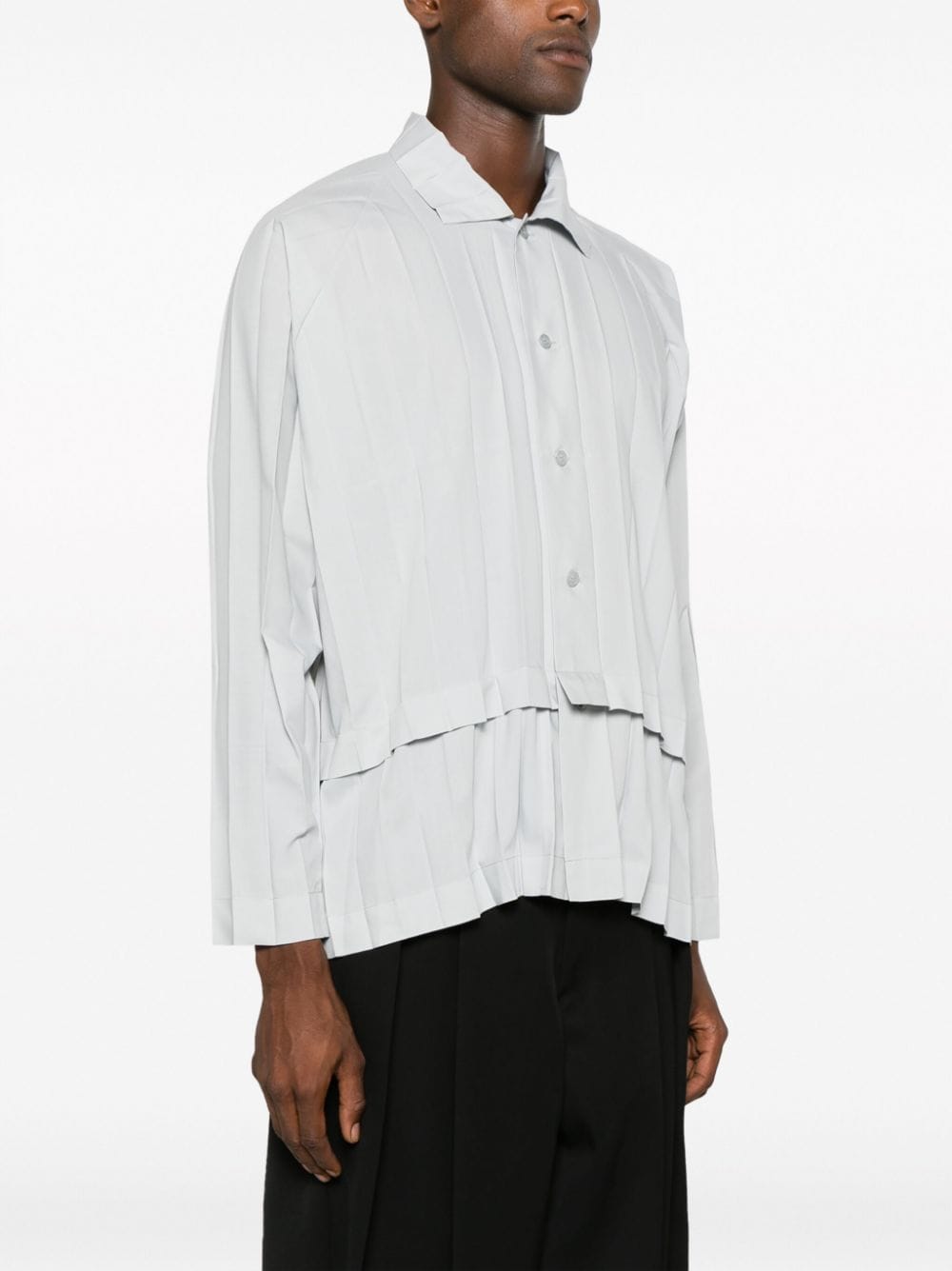 Pleats Please Issey Miyake Spread Collar Pleated Shirt in Gray