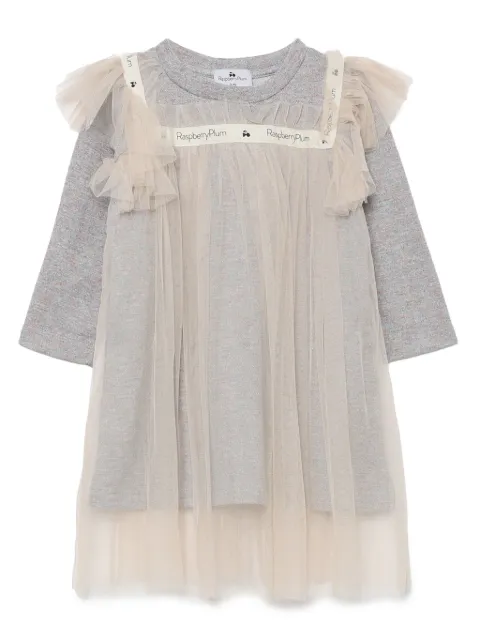 Raspberry Plum tulle-overlay long-sleeve dress