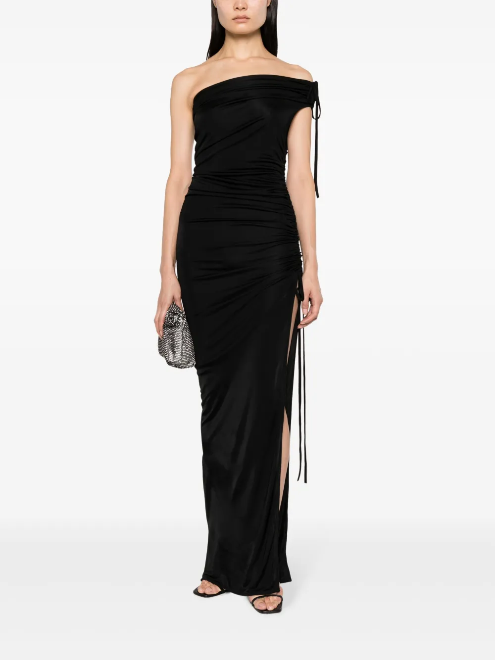 Ioannes one-shoulder ruched long dress - Zwart