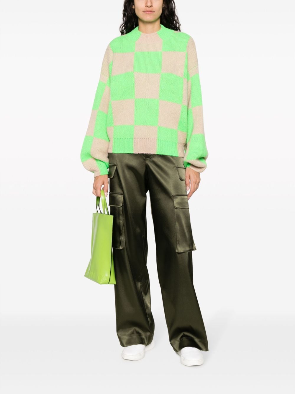Shop Stine Goya Check-pattern Ribbed-knit Jumper In Green