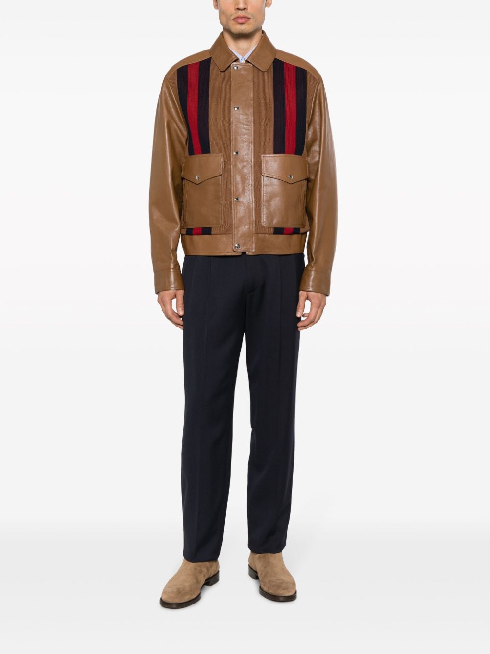 Shop Gucci Panelled Leather Jacket In Brown