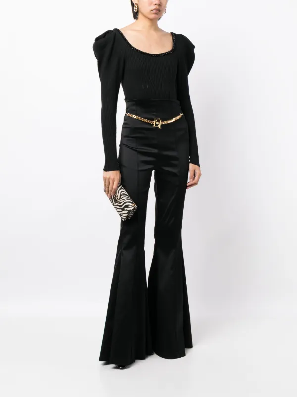 【ELISABETTA FRANCHI】関税込☆ロゴベルト付 タキシードパンツ Elisabetta Franchi chain-belt Flared Trousers | Black | FARFETCH