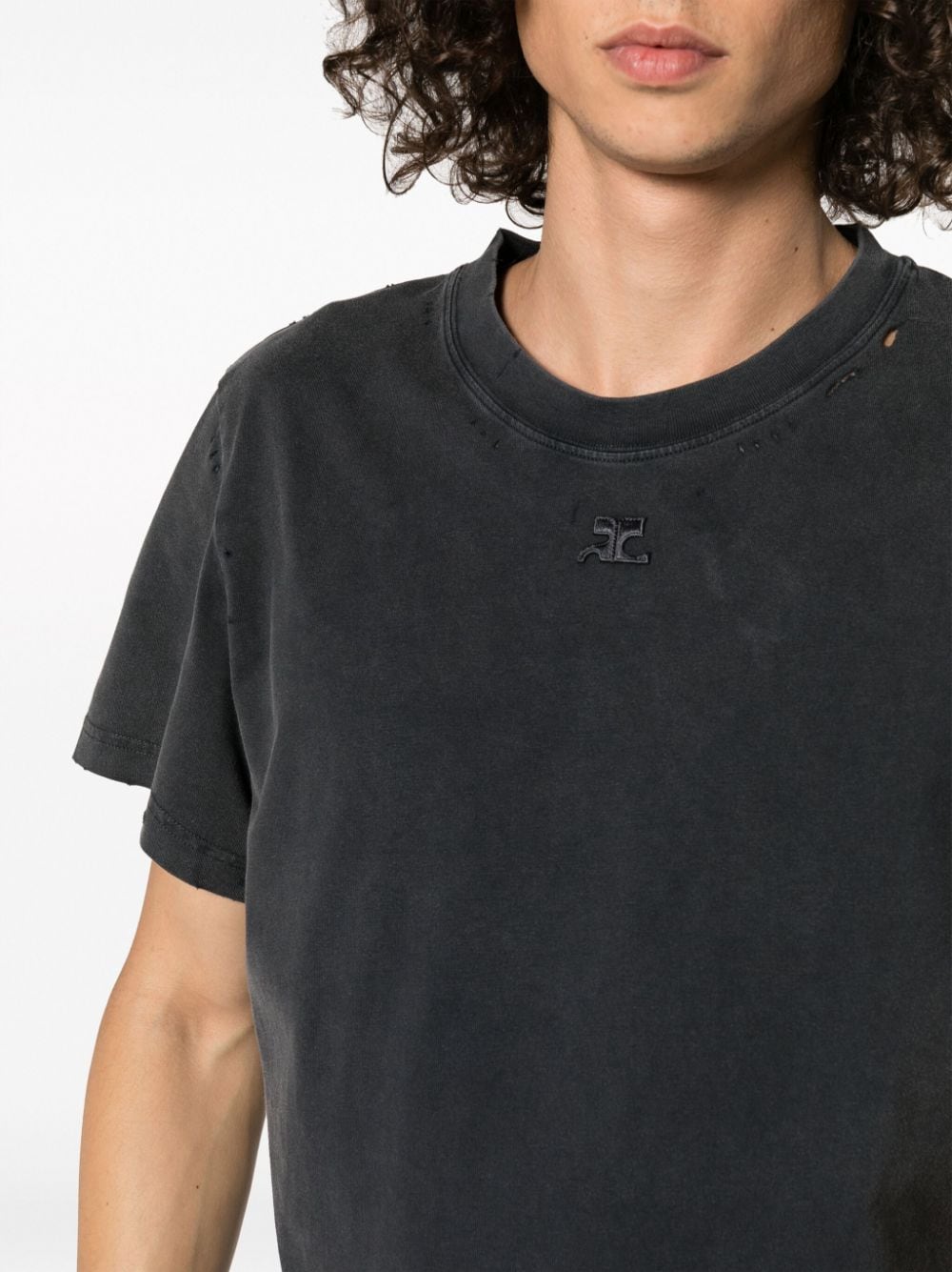 Shop Courrèges Logo-patch Distressed Cotton T-shirt In Grey