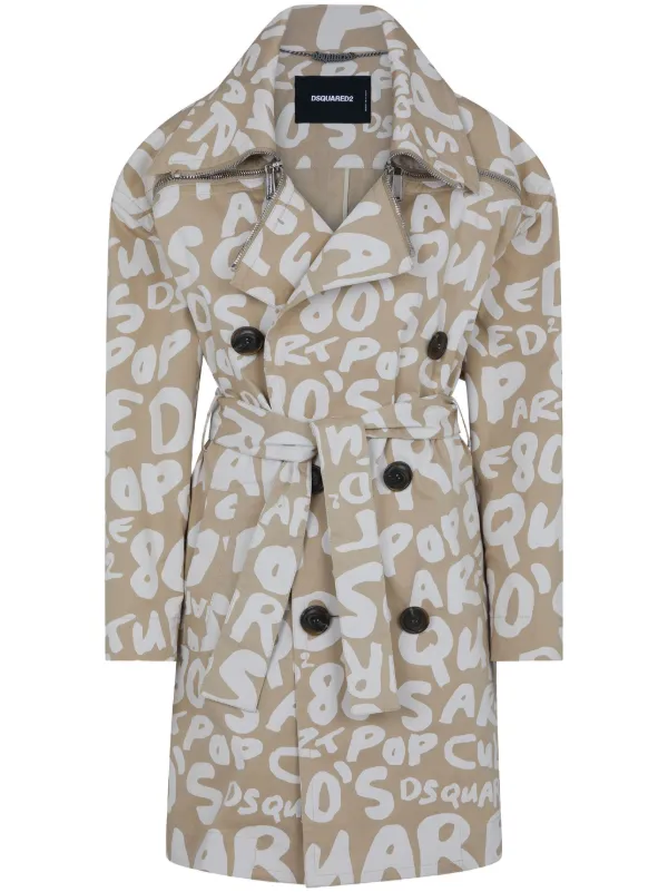 DSQUARED2 text print Belted Trench Coat Farfetch