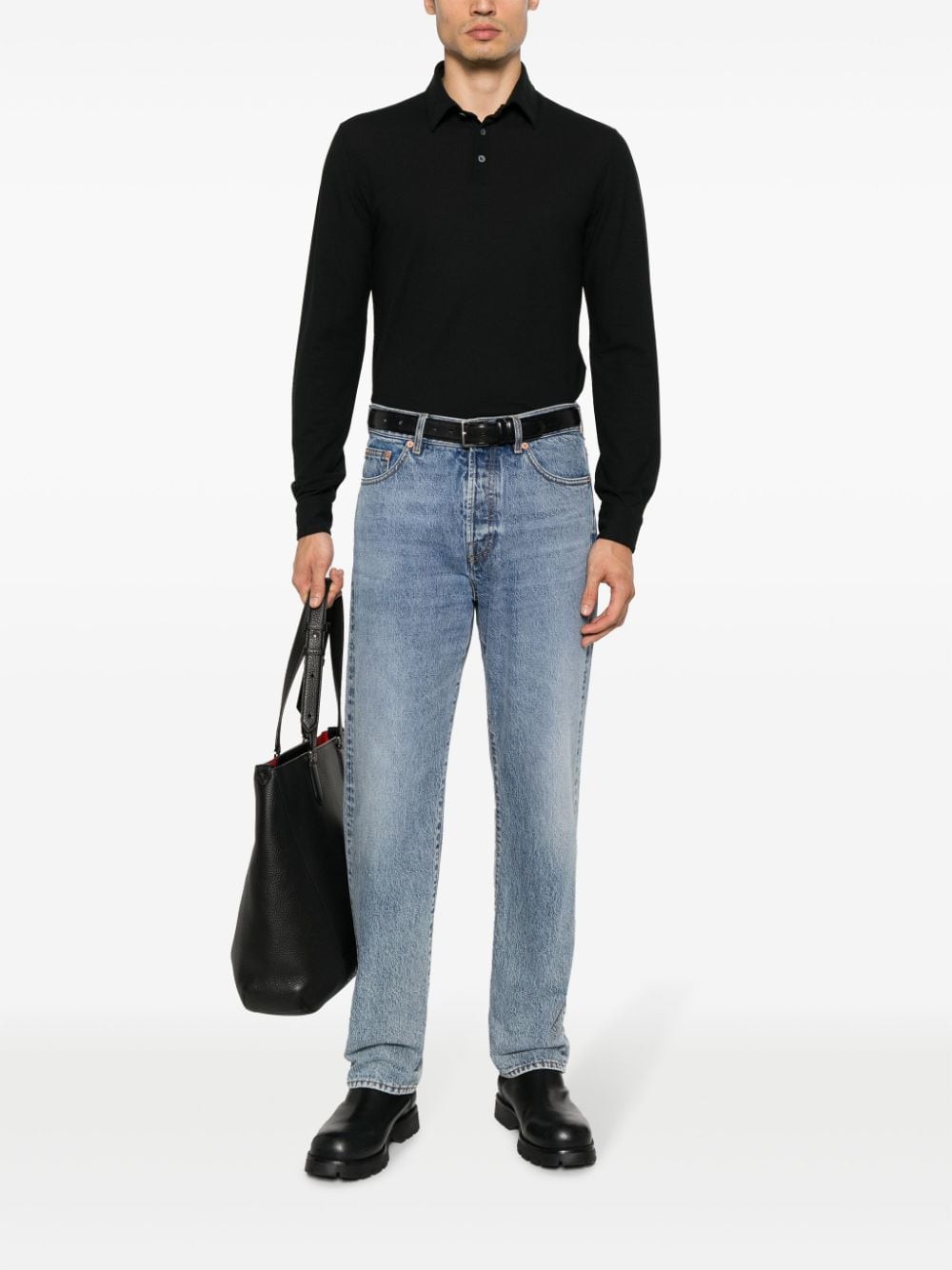 Shop Zanone Long-sleeve Cotton Polo Shirt In Black