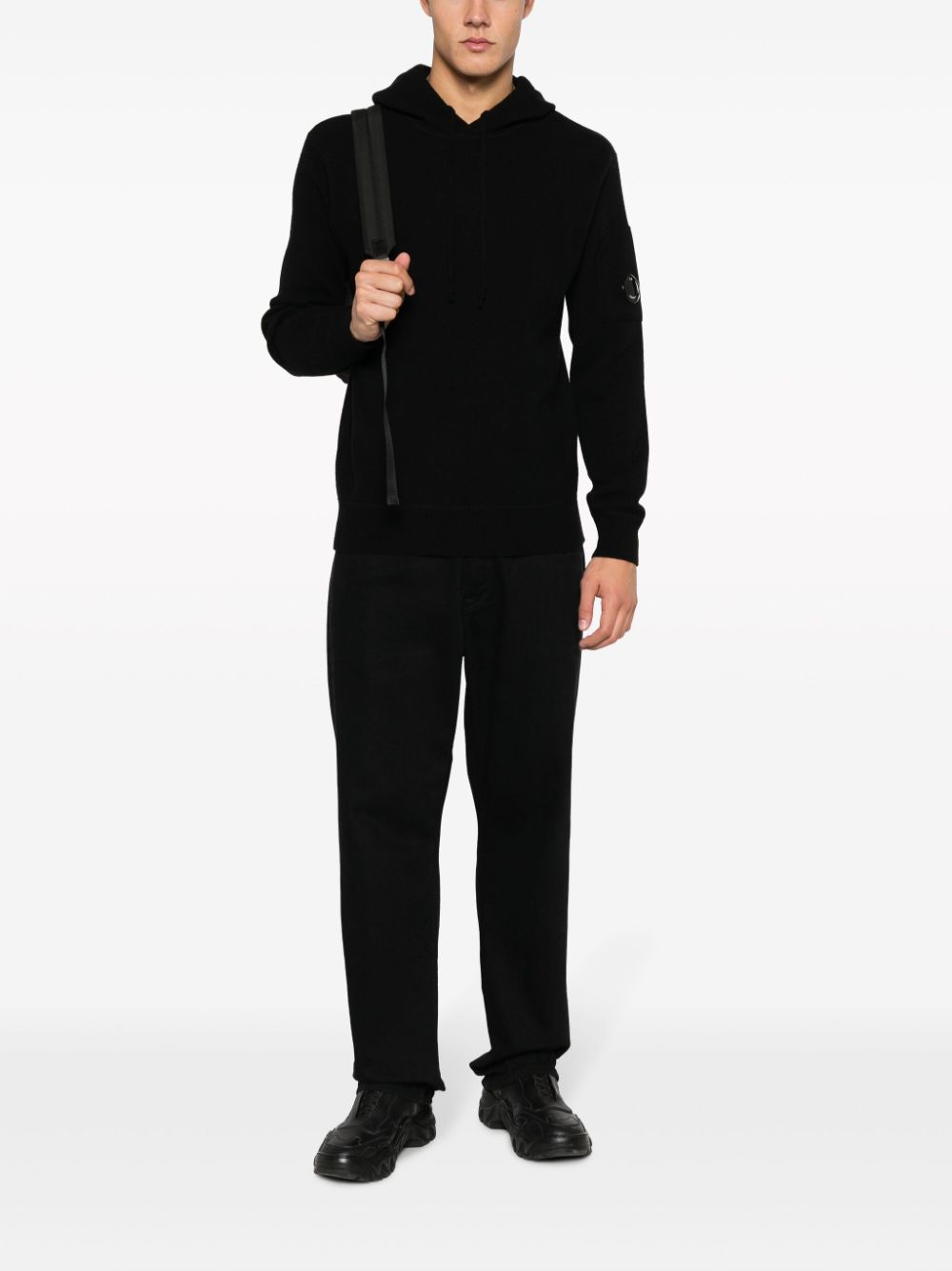 Shop C.p. Company Lens-detail Knitted Wool-blend Hoodie In Black