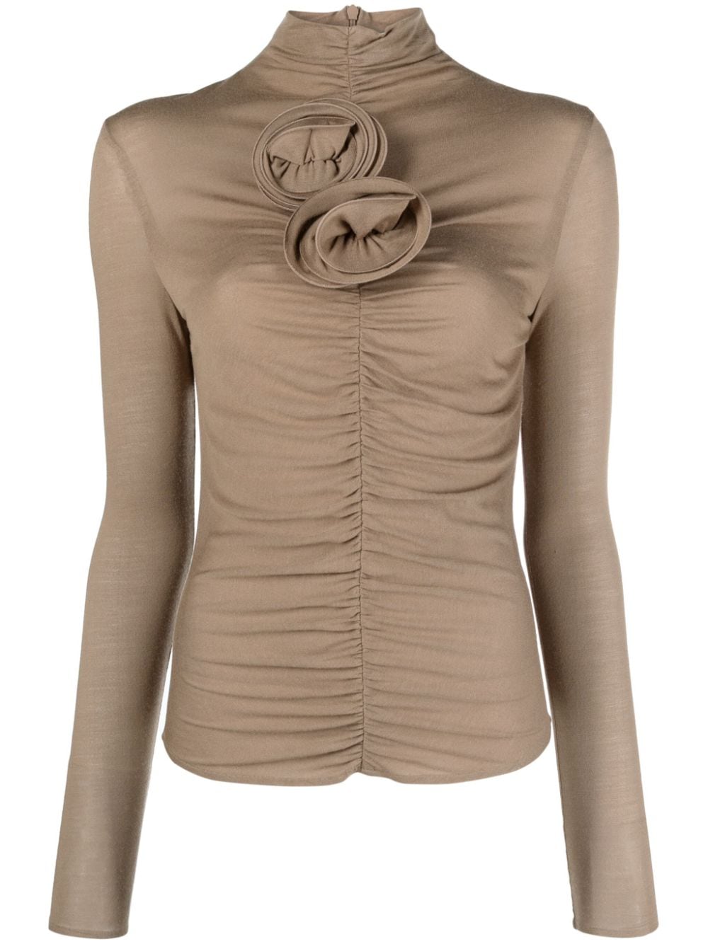 Magda Butrym Floral-appliqué Ruched Jersey Top In Brown