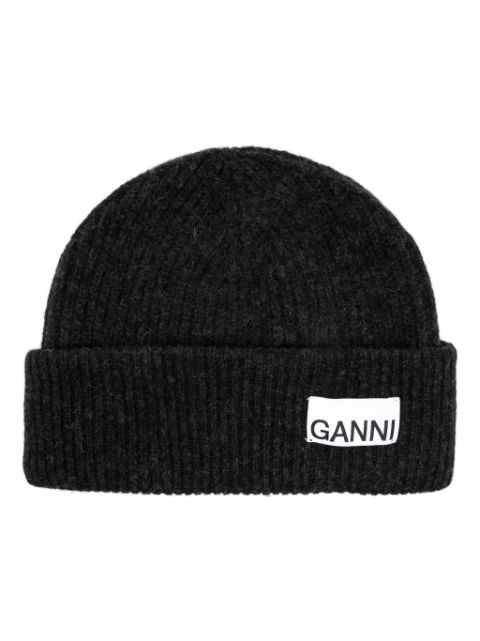 GANNI logo-patch ribbed beanie Women