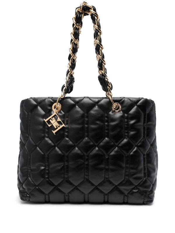 Elisabetta Franchi Puffy Quilted Faux Leather Tote Bag - Black