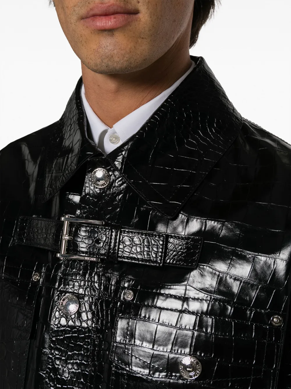 Shop Versace Crocodile-embossed Leather Jacket In Black