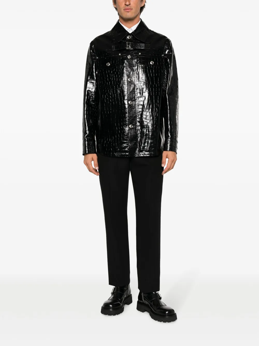 Shop Versace Crocodile-embossed Leather Jacket In Black