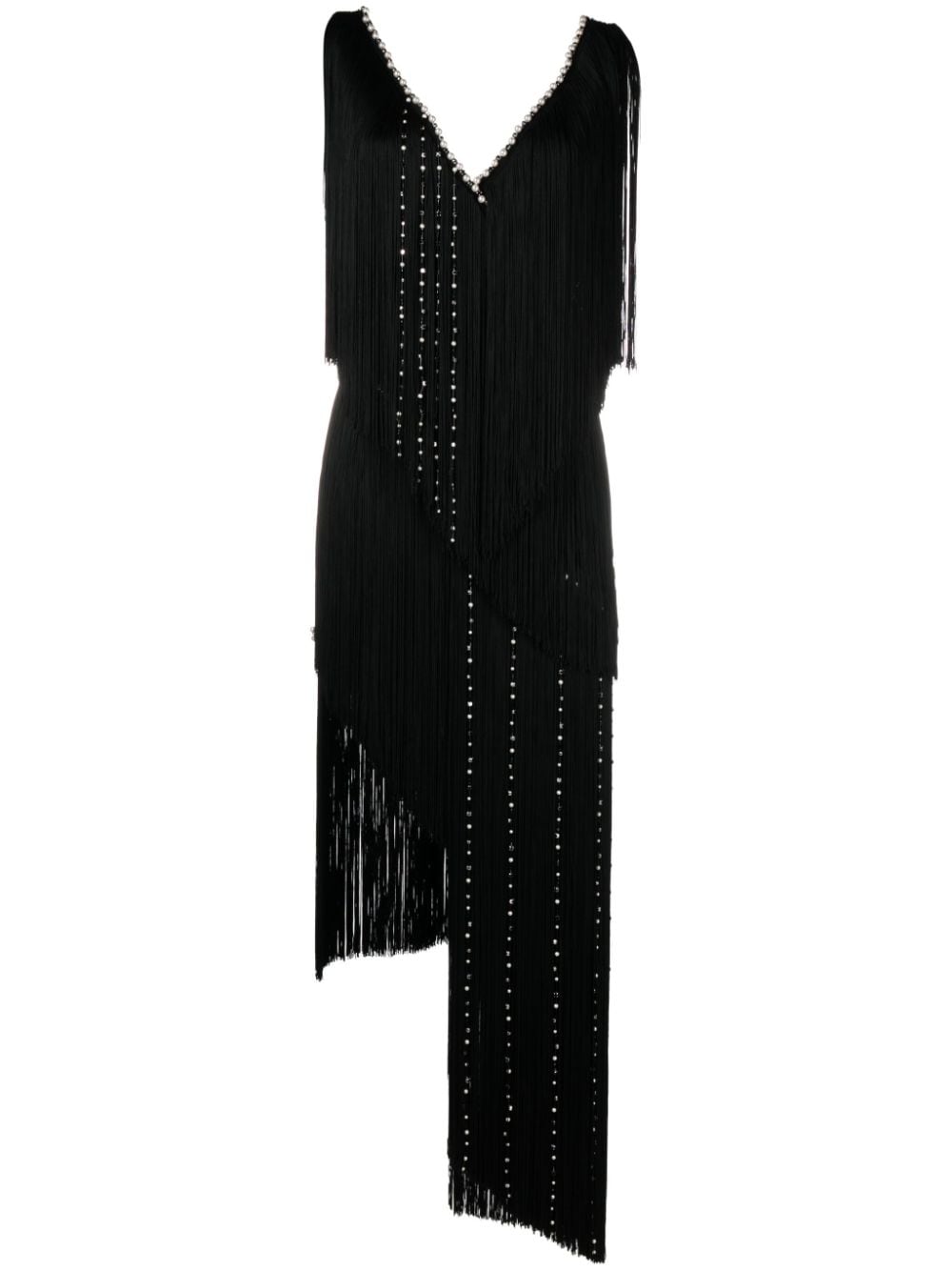 Elisabetta Franchi Asymmetric Fringed Midi Dress In Black