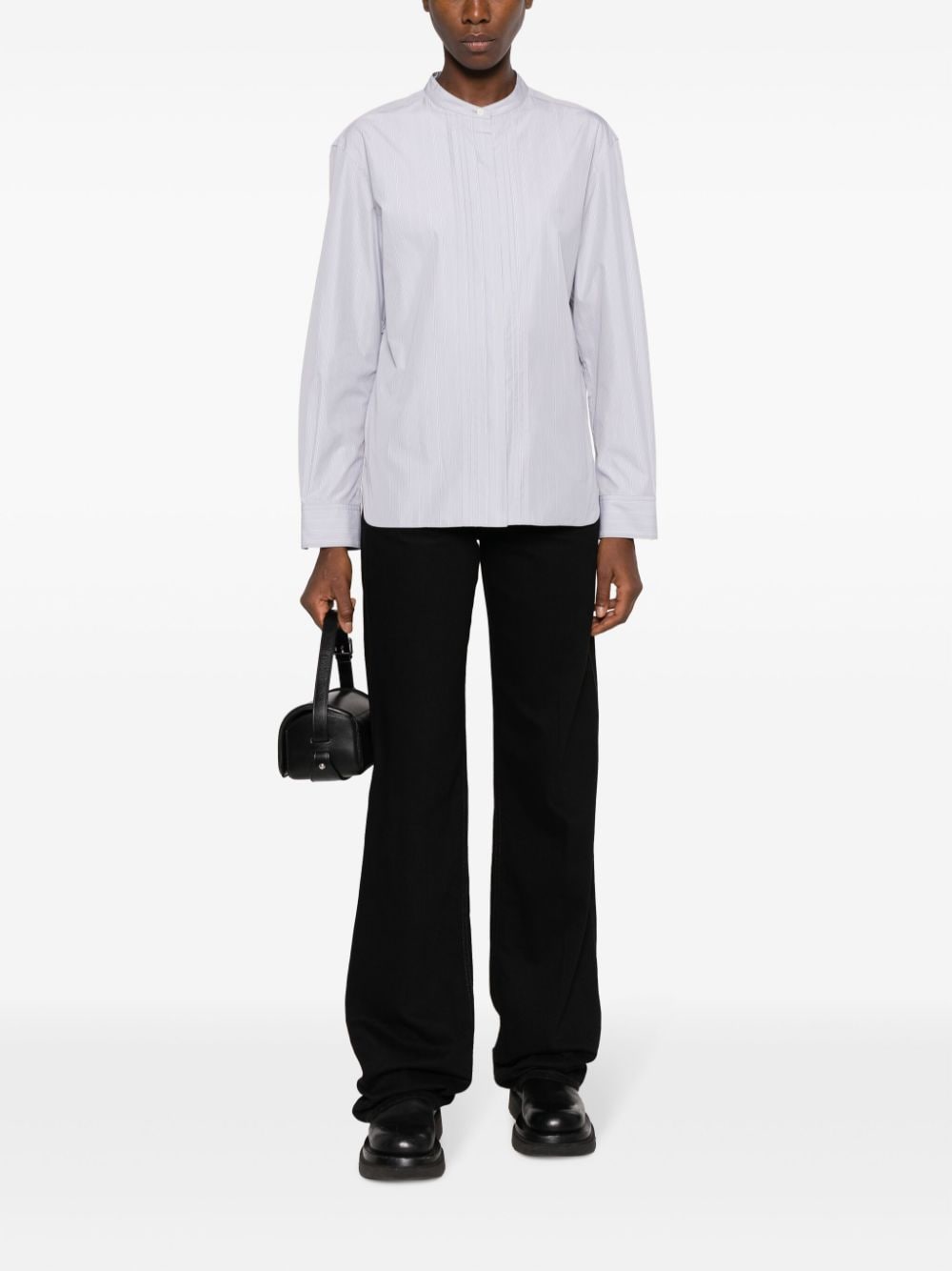 Shop Theory Pinstripe-pattern Band-collar Shirt In Grey