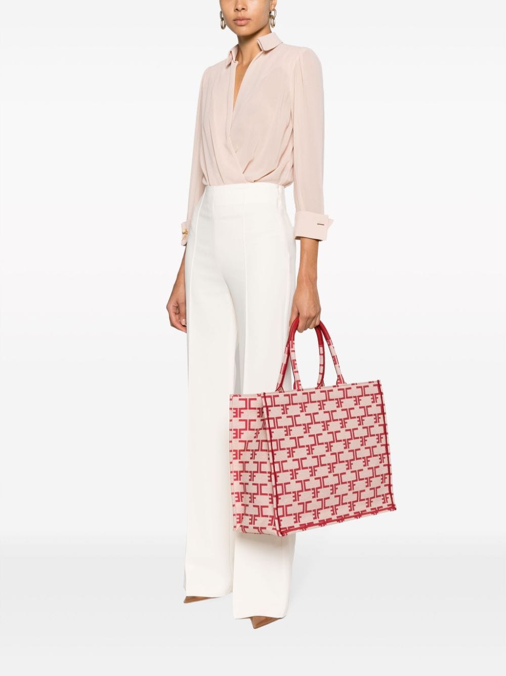 Shop Elisabetta Franchi Large Monogram-jacquard Tote Bag In Pink