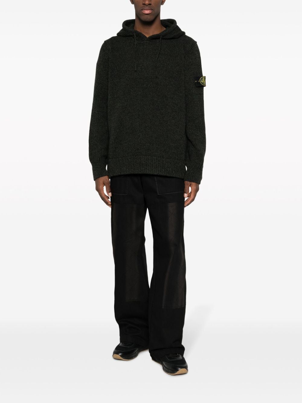Shop Stone Island Compass-patch Ribbed-knit Mélange Hoodie In Black