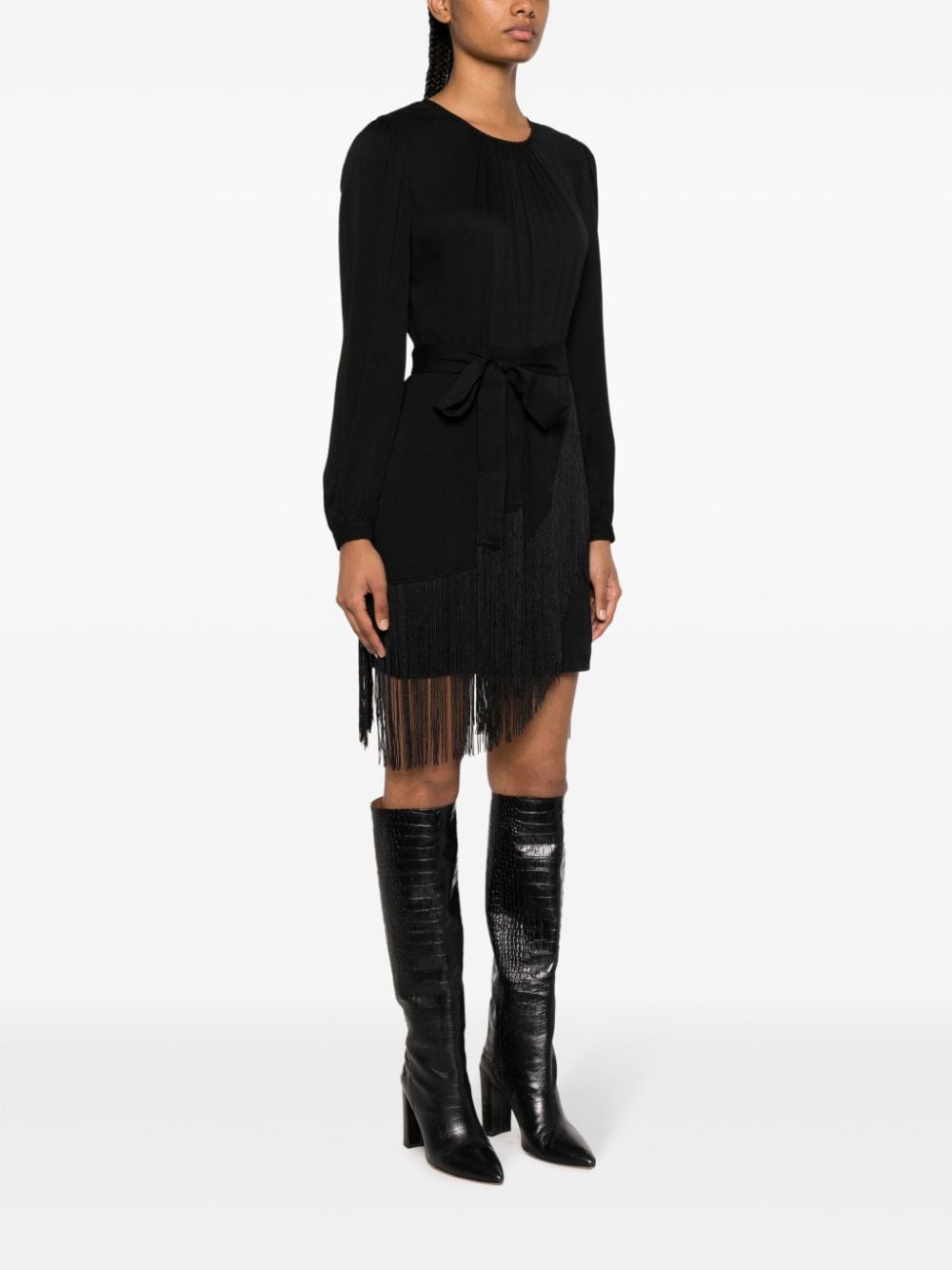 Shop Twinset Fringed Crepe Mini Dress In Black