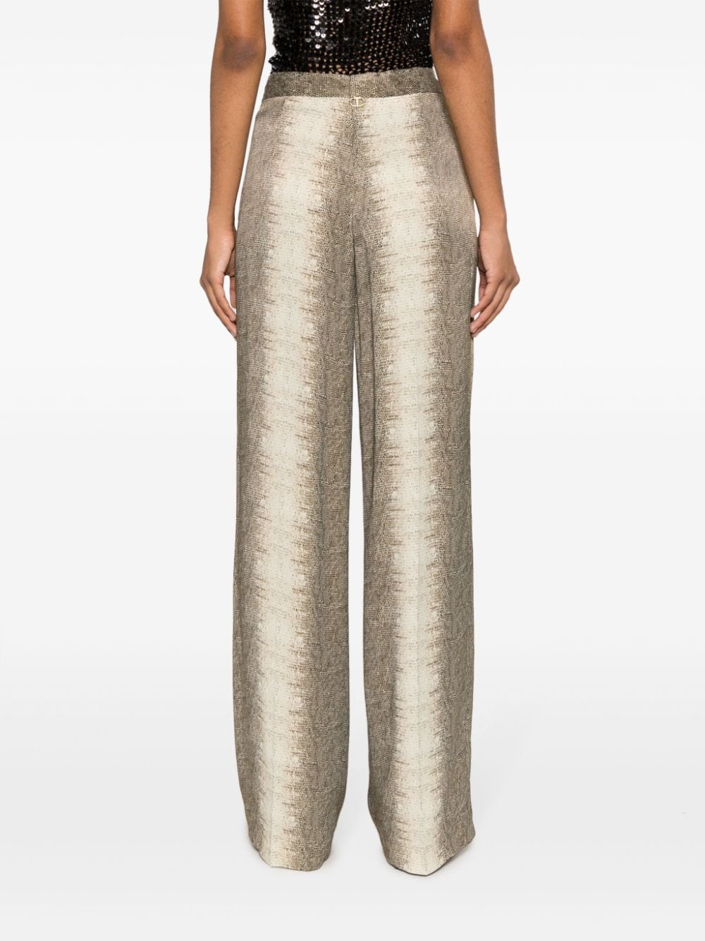 Wide leg satin trousers with lizard print Woman, Beige