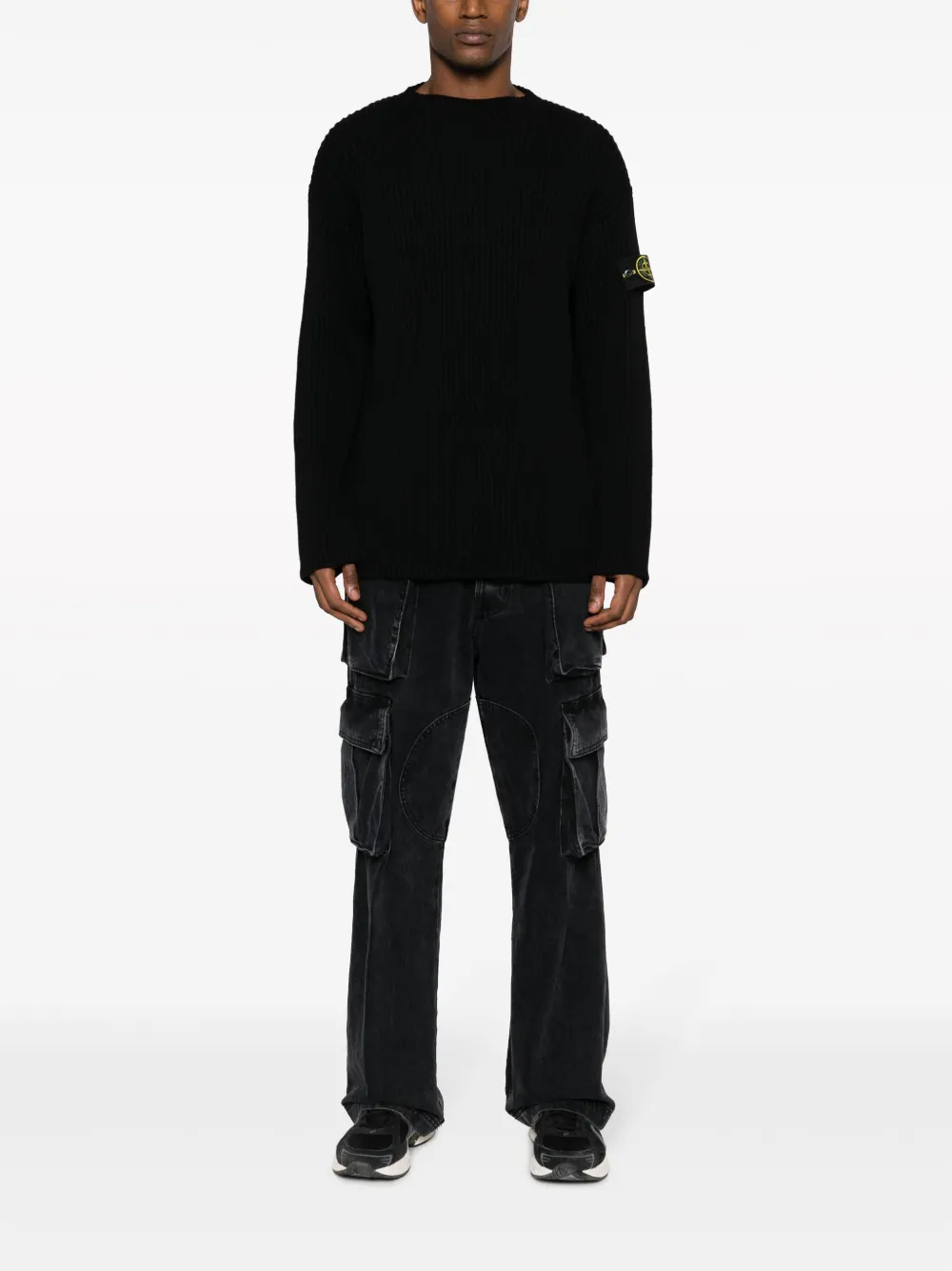 Stone Island Compass-patch ribbed-knit jumper - Zwart